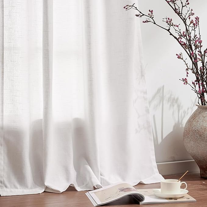 jinchan Linen Curtains 50W x 90L Inch Off White for Living Room Farmhouse Curtains Clip Rings Back Tab Rod Pocket Drapes 4-Panel Set