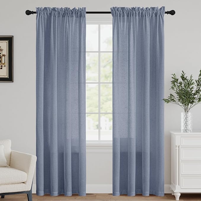FantasDecor Stone Blue Linen Sheer Curtains 84 Inches Long for Living Room Country Rustic Farmhouse Light Filtering Rod Pocket Window Curtain Treatment Drapes for Bedroom, 52 W x 84 L,Stone Blue
