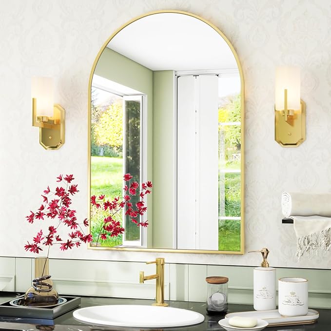 Arched Wall Mirror, 16 x 24 inch Arch Bathroom Mirror, Wall Mounted Vanity Mirror with Arch Metal Frame, Modern Bathroom Vanity Mirror for Bedroom, Living Room, Hanging or Leaning, Gold