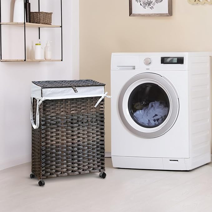 88L Slim Laundry Hamper with Wheels, 23.3 Gallon Rolling Laundry Basket with Lid, Tall and Narrow Laundry Hamper with 2 Removable Liner & 3 Mesh Laundry Bags, Laundry Sorter for Bathroom, Brown