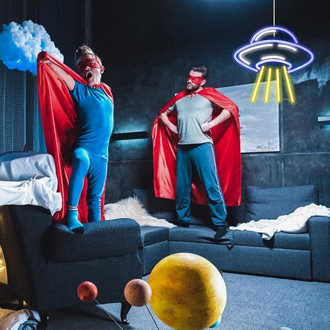 UFO Alien Spaceship LED Neon Light Signs Blue Yellow Neon Acrylic Wall Light Signs for Bedroom Kids Astronomy Lovers School Science Museum Decoration,Game Room, Aesthetic Room, Living Room Decor