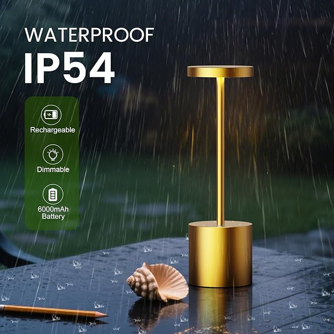 SAKRINGT Cordless Table Lamp Rechargeable, 5000mAh Battery Operated Portable Table Light,Dimming LED Table Lamp for Restaurant/Patio/Outdoor(Gold)