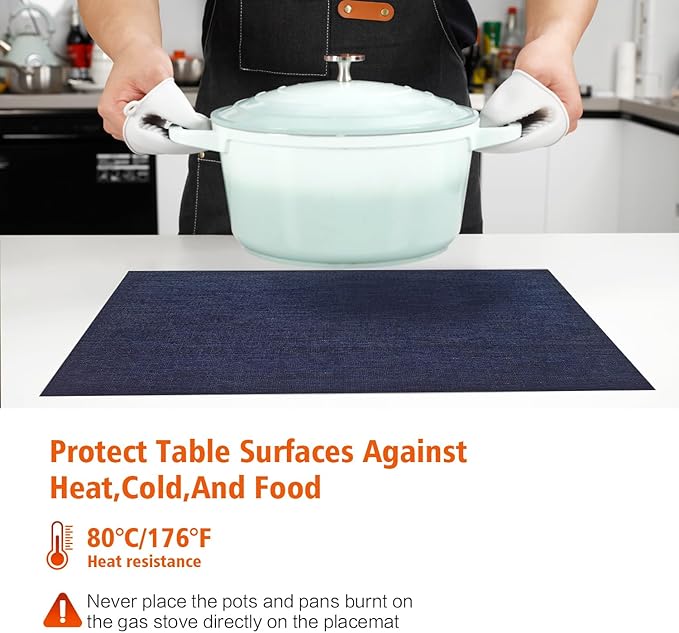 Placemats Set of 8,Washable,Heat and Stain Resistant Indoor/Outdoor Place mats, Vinyl Woven Non Slip Table Mats for Restaurant Table Protection, PVC Table Placemats.(Navy Blue,8PCS)