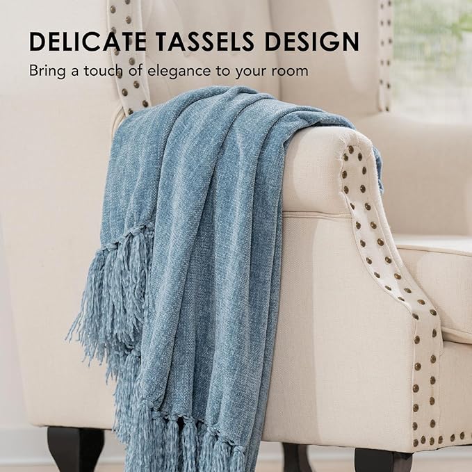 EVERGRACE Soft Chenille Throw Blanket for Couch, Cozy Plush Fuzzy Decorative Chenille Knit Throw Blanket with Tassels, Lightweight Blanket and Throws for Bed Sofa Gift Home Decor, Cloud Blue 60"x80"