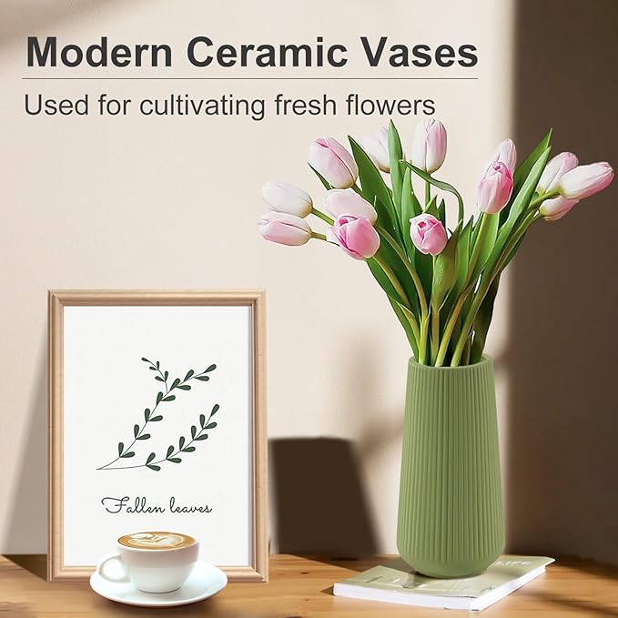 XL Saga Green Ceramic Vase, GUKJOB Cute Flower Vase for Pampas Grass, Home, Living Room, Dining Table, Farmhouse, Office Decor, Bedroom, Table, and Kitchen Shelf (XL Saga Green)