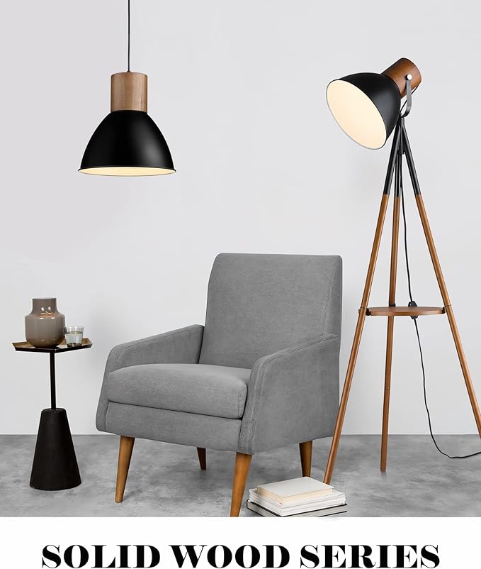 ELYONA Dimmable Tripod Floor Lamp with Table, Wood Standing Lamp with Adjustable Metal Shade, Modern End Table with Reading Light for Livingroom, Bedroom, Office, LED Bulb Included, Black & Brown