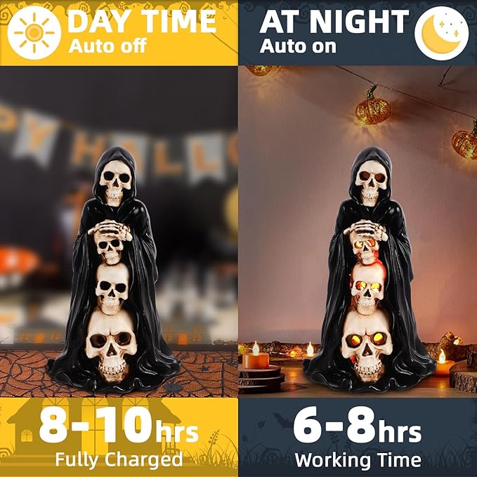 Grim Reaper Skull Halloween Decor - Solar - Powered Resin Statue, Unique Skeleton Head & Skulls Garden Decor, Ideal Spooky Gift