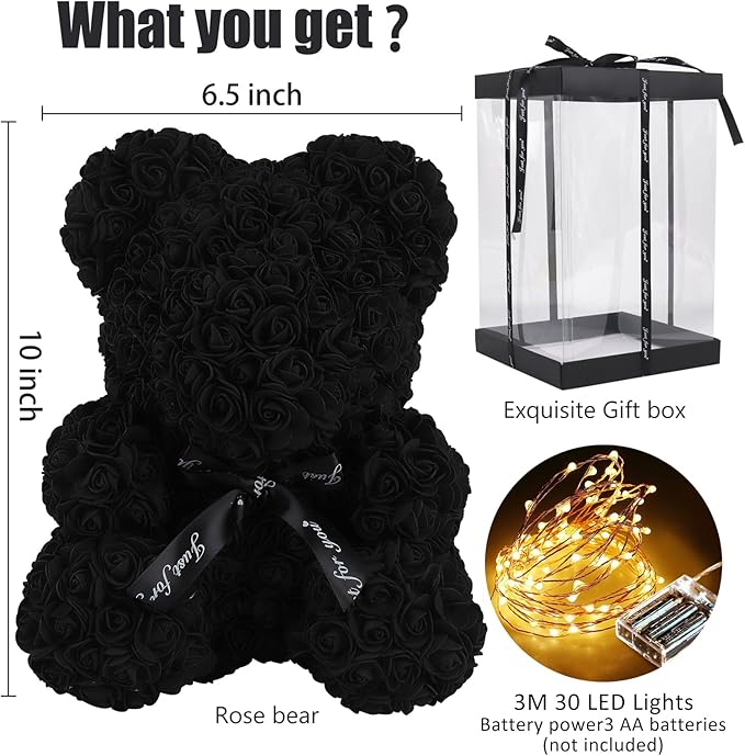 RECUTMS Rose Teddy Bear, 10 inch Artificial Flower Bears with Lights,Lighted Up Roses Gifts for Valentines Day Mothers Day Wedding Anniversary Birthday Halloween Home Bedroom Decoration(A-Black
