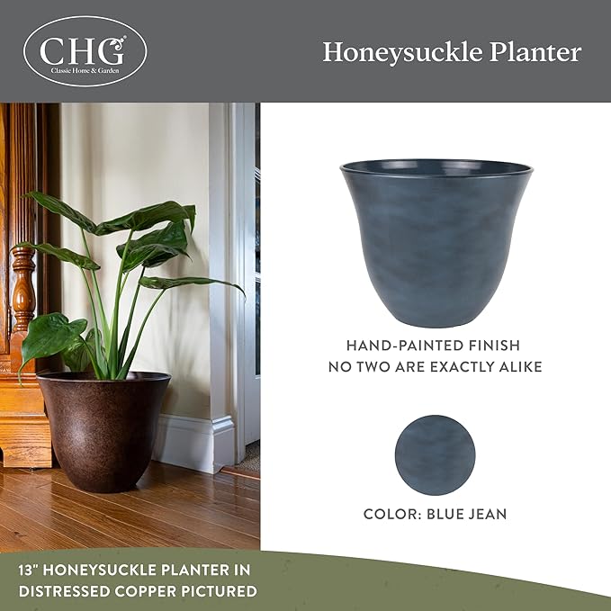Classic Home and Garden Honeysuckle Flower Pot Garden Planter, 13" Blue Jean (Pack of 2)