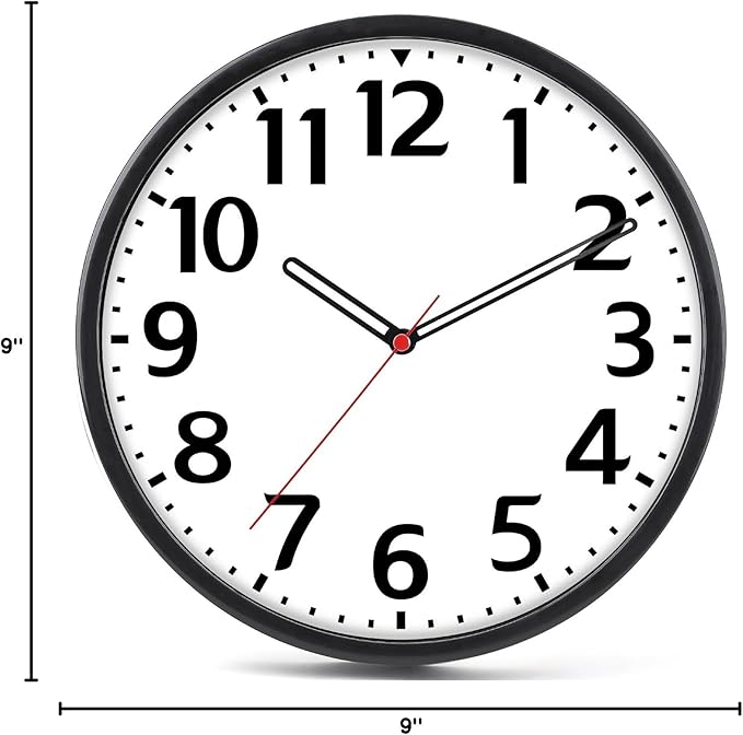 Wall Clock Silent & Non Ticking Modern Quartz Battery Operated Digital Quiet Sweep Office/Home/School/Kitchen Decor Clocks 9 Inch Black