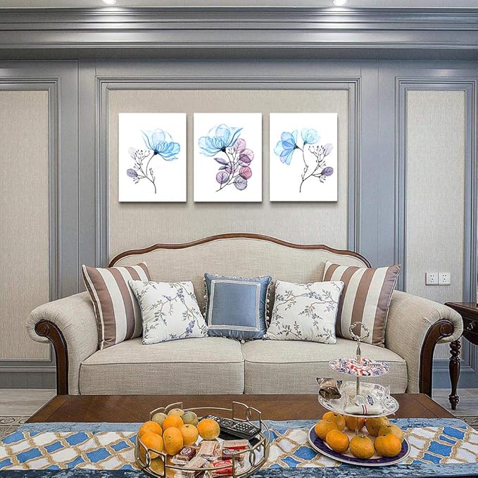 Modern blue flowers Canvas Wall Art for bedroom Living Room,Bathroom Wall Decor,3 Panels Wall Painting Home Decoration kitchen Canvas Print Abstract watercolor flowers and leaves artwork wall mural