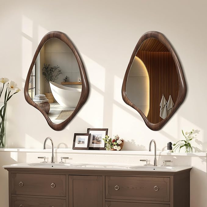 LuxenHome Asymmetrical Wall Mirror, 23"x 29" Classic Brown Irregular Mirror, Rustic Farmhouse Mirror for Bathroom, Wall Mirrors Decorative for Bedroom Living Room Entryway Hall