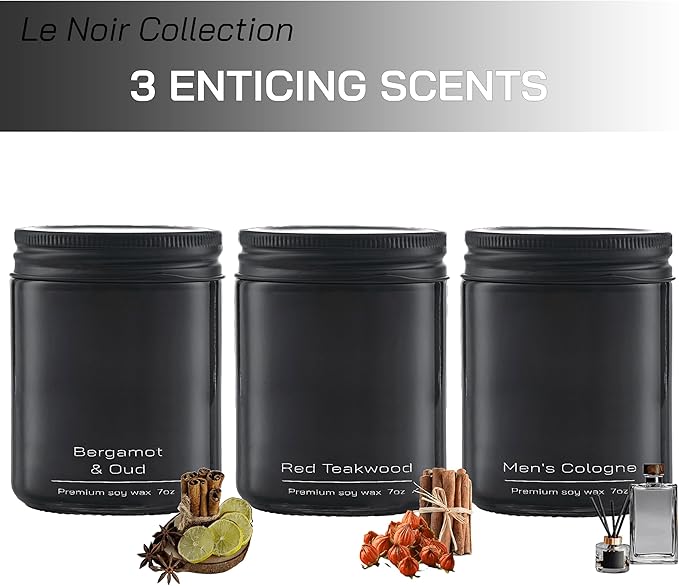 Set of 3 Scented Soy Candles Gift Set | Le Noir Collection | 3 Scented Candles - Men's Cologne, Red Teakwood, Bergamot & Oud | Crackling Wood Wick | Clean Burn | 40+HR Burn Time, 7oz Each