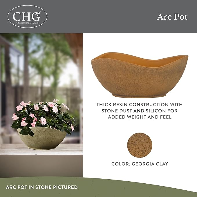 Classic Home and Garden Arc Unique Planter Bowl w/Drain Plug - UV Resistant Shallow Planter - Modern Plant Pot for Herbs (12” Georgia Clay)