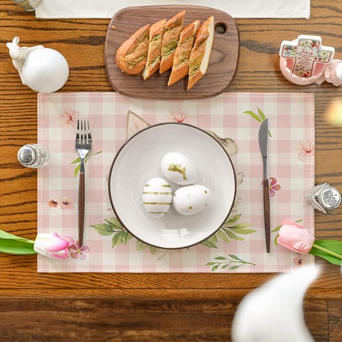 Artoid Mode Pink Buffalo Plaid Bunny Ears Flower Easter Placemats Set of 4, 12x18 Inch Seasonal Holiday Table Mats for Party Kitchen Dining Decoration