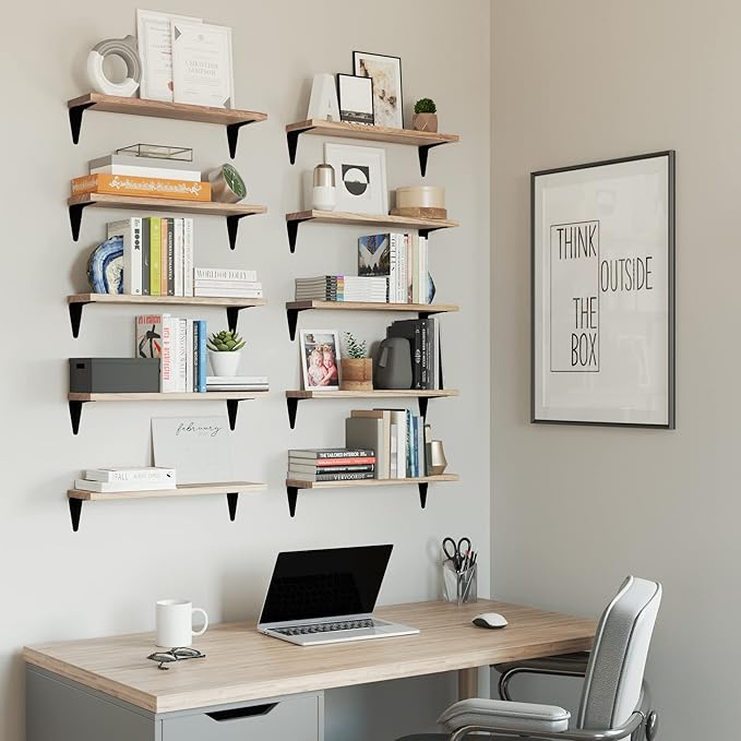 Wallniture Arras Wood Floating Shelves for Wall Storage, Small Bookshelf Set of 10, Hanging Book Shelves for Living Room, Bedroom, Office, Burned Finish