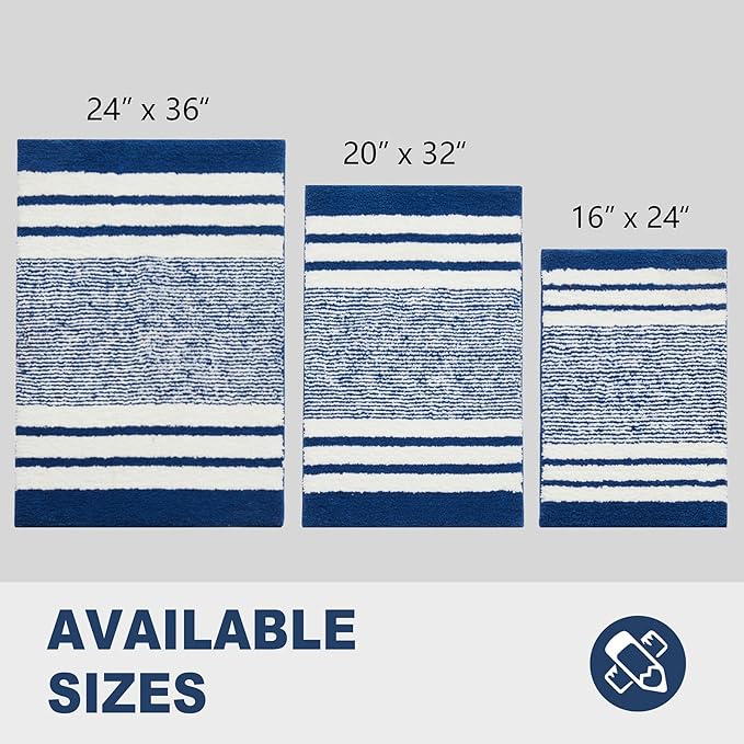 CozeCube Blue Striped Bath mats for Bathroom Non Slip, Fluffy Absorbent Microfiber Bath mat Washable, Aesthetic Bathroom Rugs, Cute Bath mat for Sink, 20" x 32"