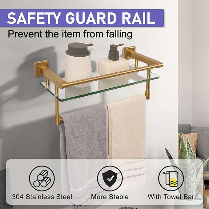 Bathroom Glass Shelf Brushed Gold Finish with Towel Rack, SUS304 Stainless Steel, 16-inch Tempered Glass Shelves for Wall