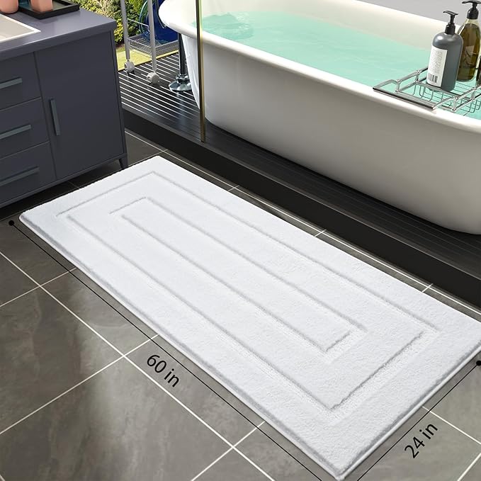 HOMORE Bathroom Rugs 24x60 Inch White Bathroom Runner Rug, Soft and Absorbent Bath Mat, TPR Backing Non Slip Long Runner Rug for Vanity, Washable Plush Bath Rugs for Shower Floor