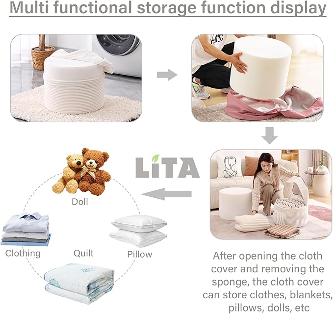 LITA Round Stuffed Pouf Ottoman, Corduroy Poufs with High-Density Foam Filling and Washable Cover, Furry and Fluffy Bean Bag Foot Stools Ottoman for Living Room, Bedroom, Office, Beige