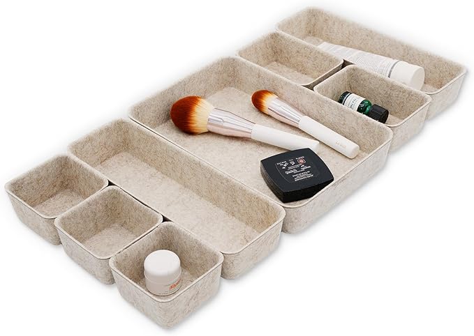 Welaxy 8-piece Nordic Beige desk drawer organizer tray office suppliers pens decluttering aesthetic wabi-sabi Scandinavian-chic storage bin hygge sleek minimalist back to school (Oatmeal)