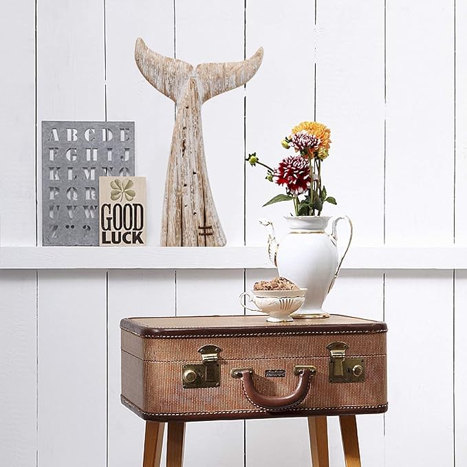 E-view Wood Whale Statue Wooden Nautical Decor for Home - Antique Fish Figures Decoration Animal Statues Beach Themed Wall Art (Whale Tail Figurine)