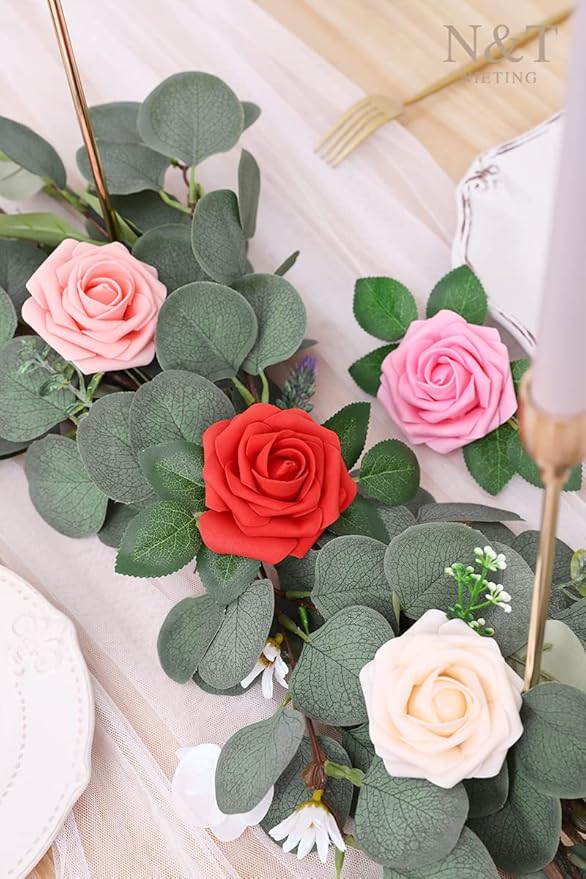 N&T NIETING Artificial Flowers 50pcs Real Touch Faux Flowers Bulk with Stems for DIY Wedding Bouquets Bridal Shower Centerpieces Floral Arrangements Party Valentine's Day Home Decorations(Series Red)