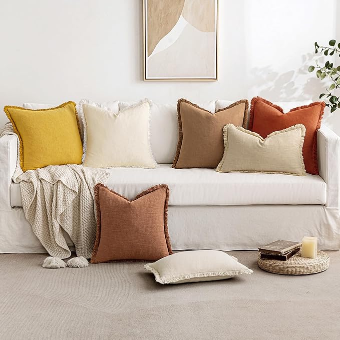 MIULEE Decorative Throw Pillow Covers Neutral Linen Fringe Throw Pillows Set of 2 Cream White Boho Farmhouse Cushion Covers with Tassels for Couch Sofa Bed Living Room Spring Home Decor 18x18 Inch