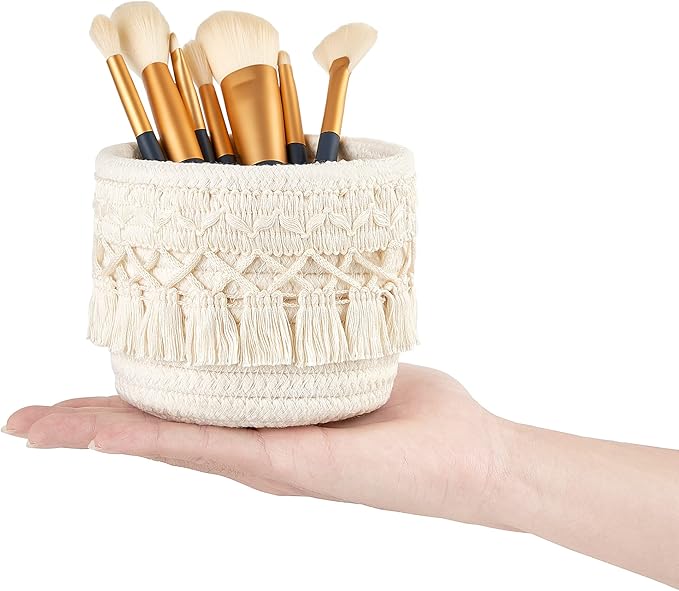 Mkono 4 Pcs/Set Macrame Hanging Shelves Boho Wall Decor and Makeup Brush Holder Organizer Mini Storage Baskets