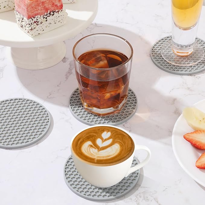 Silicone Coasters Set of 8 with Holder,Coasters for Drinks,Beer,Coffee Coasters,Suitable for Kinds Cups,Hot or Cold,Anti-SLI,Non-Stick,Anti-Overflow Tabletop Protection and Decor (12 Pcs, Gray)