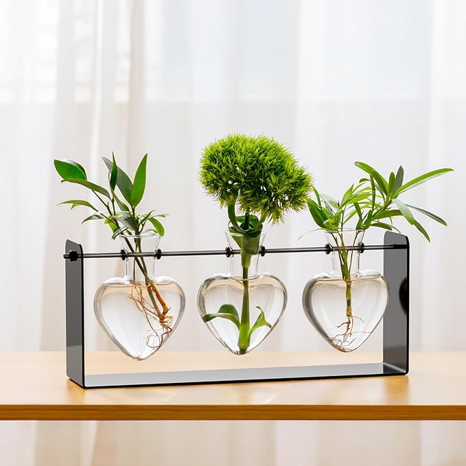 Rossny Metal Plant Propagation Station with 3 Clear Glass Vases - Desktop Plant Terrariums for Herbs, Ideal for Modern Home Office Garden Planter Decor, Gift for Plant Lovers, Black