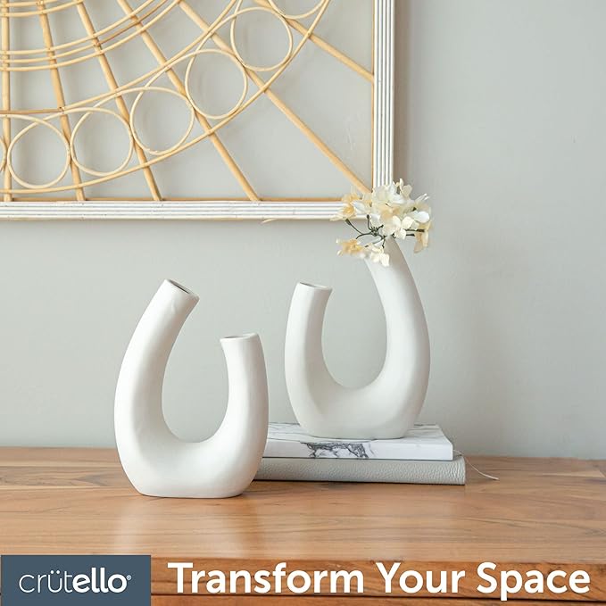 Crutello Minimalist White Ceramic U Style Vase - Set of 2 Modern Home Decor for Mantles, Bookshelves, Tables, Entryways