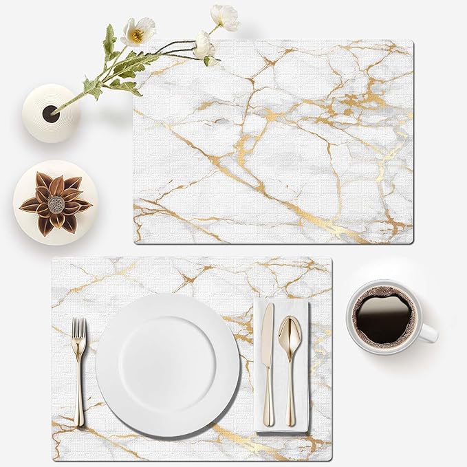 Mcalk Luxury Gold Marble Table Runner and Placemats Set of 6 Pieces, Gold Marble Placemats, Modern Cloth Place Mats Indoor for Kitchen,Washable Linen Material for Dining Table