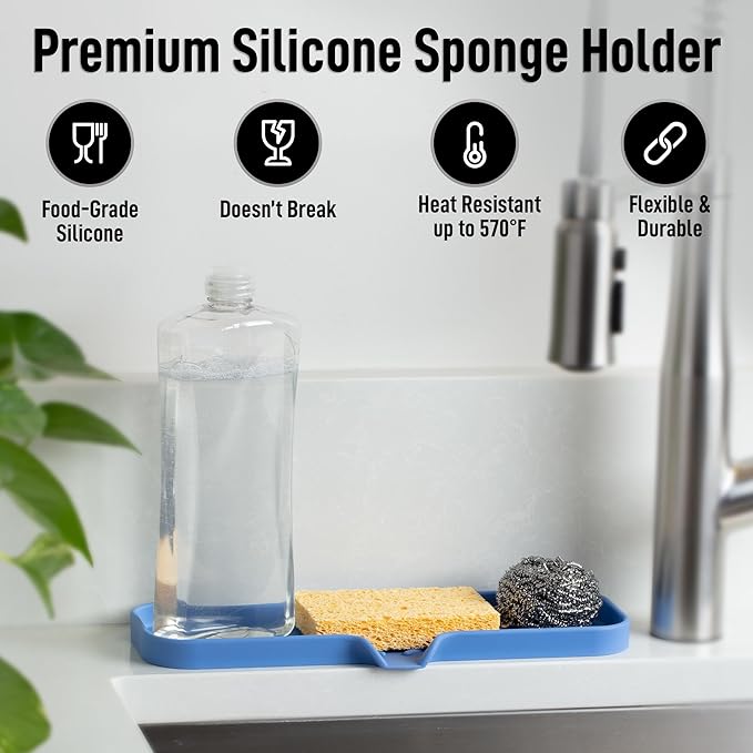 Zulay Large Silicone Sponge Holder (12x4) – Flexible Sink Organizer Tray for Kitchen & Bathroom – Multipurpose Soap Dish for Sponges, Makeup, Trinkets & More (Provence Blue)