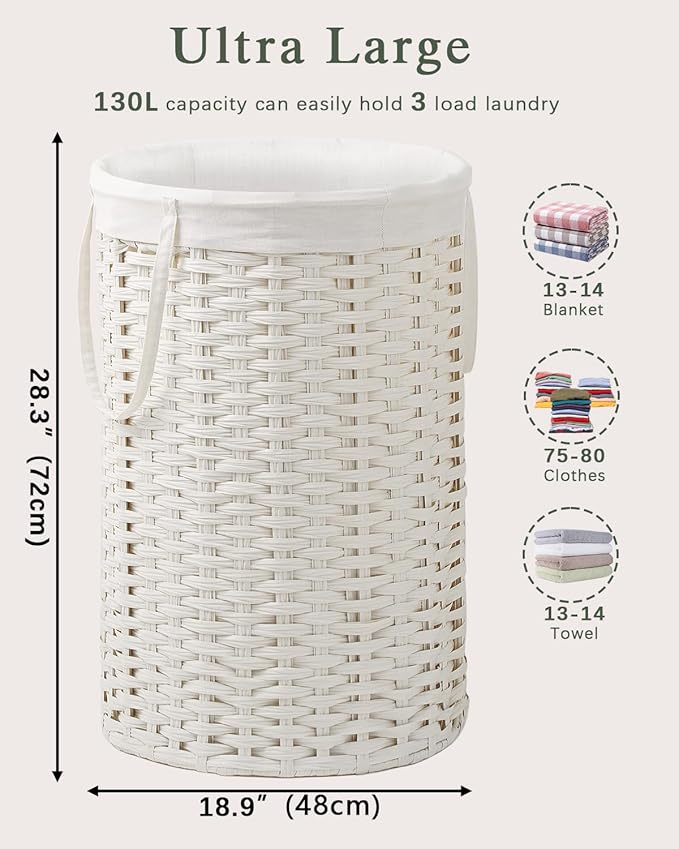 Large Laundry Hamper Laundry Basket Round 34.3 Gal (130 L) Handwoven Wicker Laundry Baskets Rattan Laundry Basket with Removable Bag Handles 2 Mesh Bags for Living Room Bedroom White