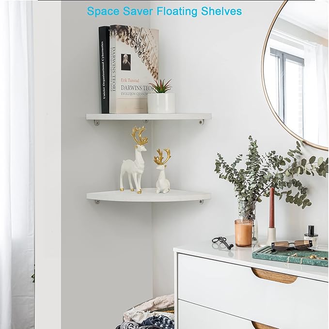 10 inch Corner Wall Shelf Set of 2, Solid Wood Corner Floating Shelves for Wall, Round End Wall Mounted Floating Shelf for Bedroom, Living Room and Kitchen (White-10 inch)