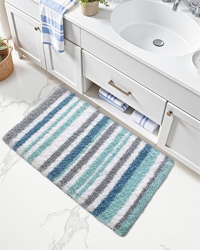 LUMI Striped Bath Rugs, Extra Soft and Absorbent Microfiber Bath Mat, Machine Wash Non-Slip for Bathtub or Bathroom Floor, 24"x43", Blue