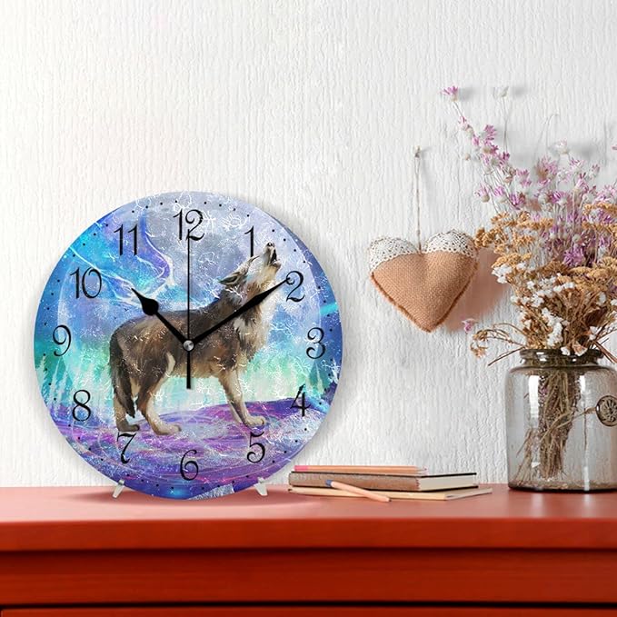 ALAZA Wall Clock Wolf Moon Silent Non-Ticking Decorative Wall Clocks Battery Operated 10 Inch for Home Living Room Kitchen Bathroom Bedroom