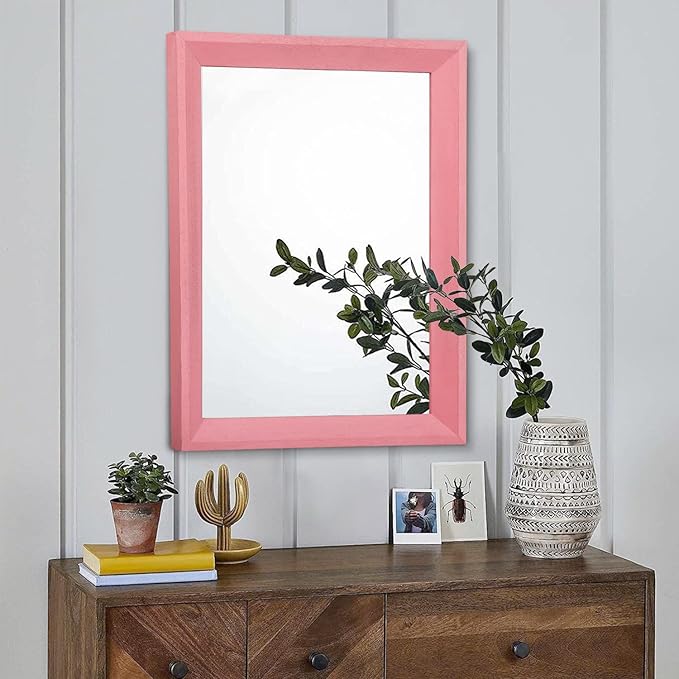 AAZZKANG Rectangle Mirror with Wood Frame Modern Farmhouse Wall Mirrors Decor Large 20"x16" for Bedroom Bathroom Living Room Pink