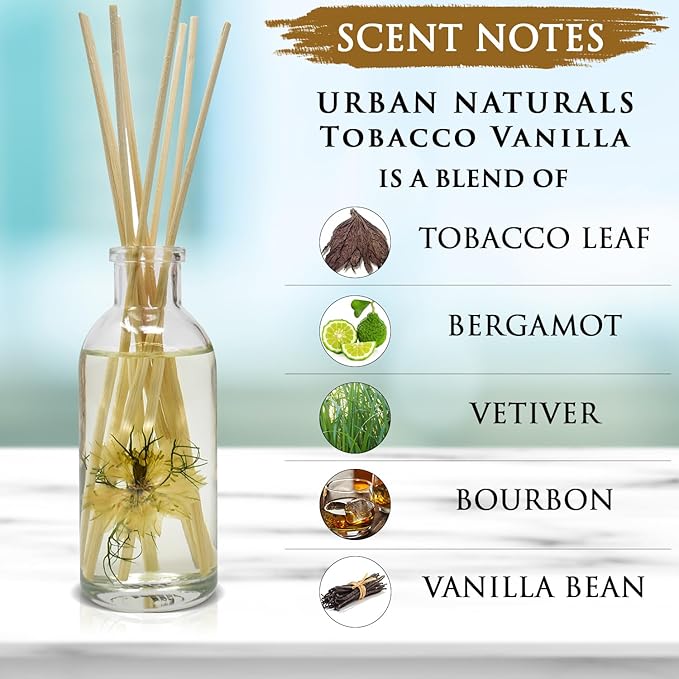 Urban Naturals Tobacco & Vanilla Reed Diffuser Scented Sticks Set | Tobacco Leaf, Bergamot, Vetiver, Bourbon and Vanilla Bean Scented Oils | Decorated with Natural Flowers | Made in The USA