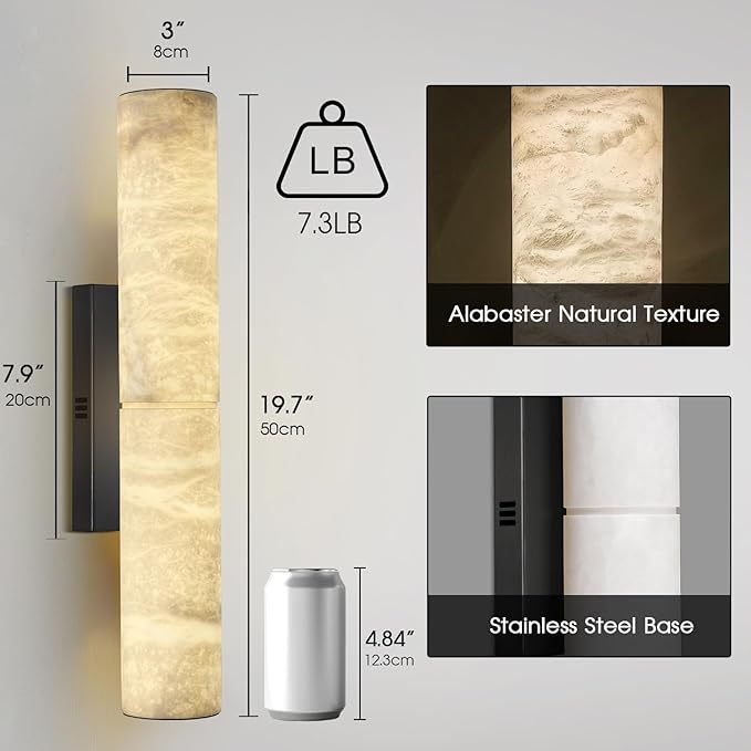 Bronze Alabaster Wall Sconces, 20" Natural Marble Wall Sconce, Hardwired Black Wall Sconces Indoor, Stone Wall Sconce Dimmable, Alabaster Wall Lamp for Living Room, Bathroom, Bedroom, Stair-Upgraded
