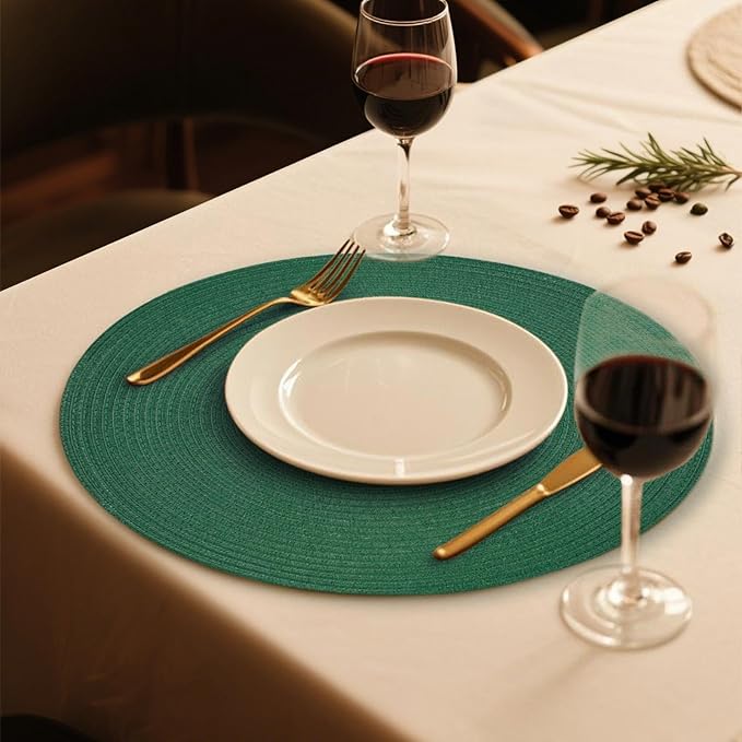 FunWheat Round Braided Placemats Set of 6 Place mats for Dining Tables Woven Heat Resistant Table Mats 15 inch (Dark Green)