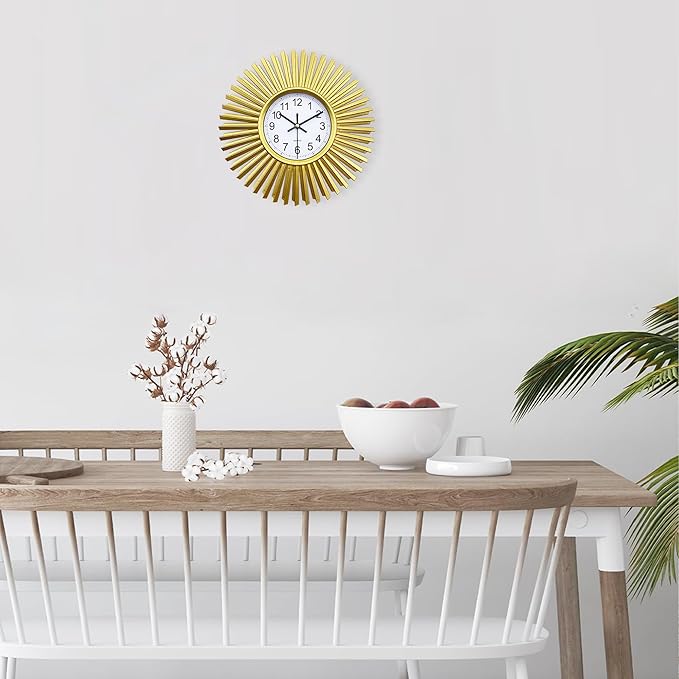 Kitchen Wall Clock, Gold Sunburst Wall Clocks Battery Operated, 10 Inch Modern Decorative Wall Clock for Living Room, Bedroom, Kitchen,Bathroom, Office