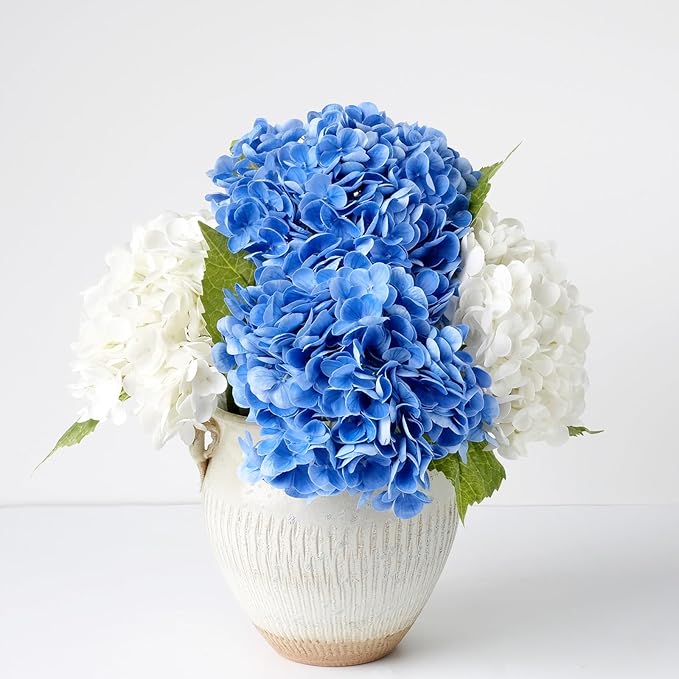 YalzoneMet 4Pcs Real Touch Hydrangea Artificial Flower Natural Lifelike 21'' Latex Long Stem Latex Hydrangea Flower Bouquets for Home Party Wedding Table Centerpiece Decor(2 White+2 Dark Blue)