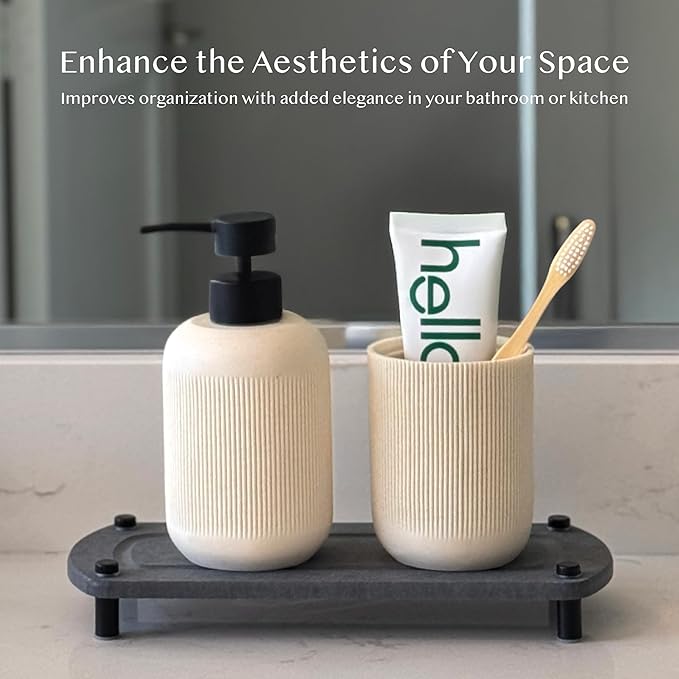 2PCS Instant Dry Sink Caddy Organizer, Fast Drying Sponge and Soap Dispenser Holder for Kitchen and Bathroom Countertop, Stainless Steel Feet, and Non Slip Bottom Dark Gray