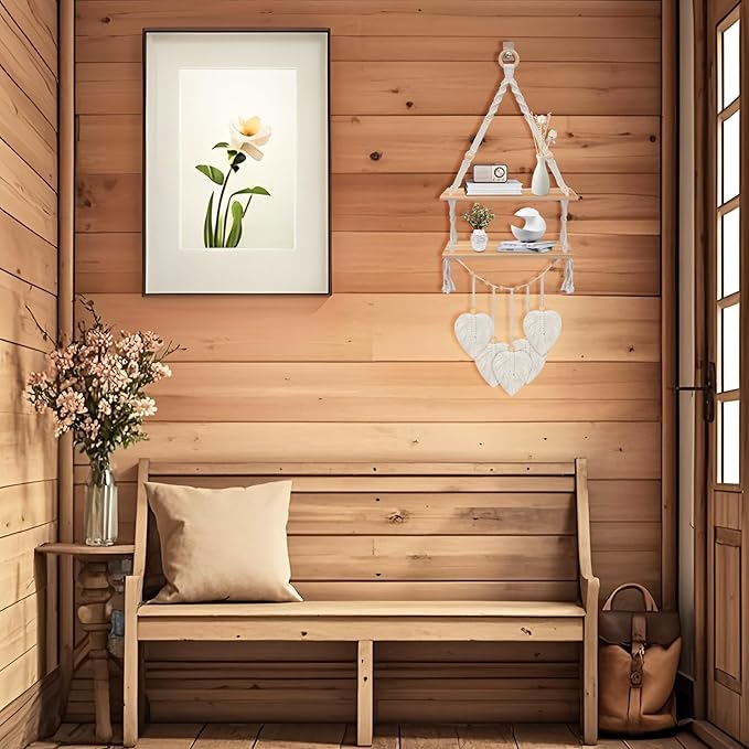 Macrame Plant Hanger,Boho Decor Floating Shelves with Leaves , Wood Floating Shelves for Wall No Drilling for Plants Photos,Girls Bedroom Decor Storage Shelf,Ideal Gifts for Housewarming (2 tier)