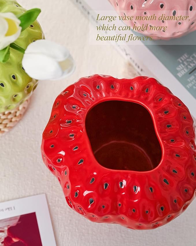 DN DECONATION Red Strawberry Vase, Strawberry Ceramic Flower Vases for Colorful Girly Home Decor, Decorative Cute Vase for Strawberry Party Decorations