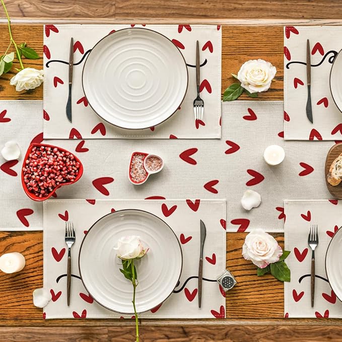 Artoid Mode White Love Valentine Placemats Set of 4, 12x18 Inch Seasonal Anniversary Holiday Table Mats for Party Kitchen Dining Decoration