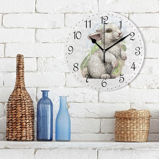 ALAZA Wall Clock Lovely Splashes Watercolor Rabbit Bunny Silent Non-Ticking Decorative Wall Clocks Battery Operated 10 Inch for Home Living Room Kitchen Bathroom Bedroom