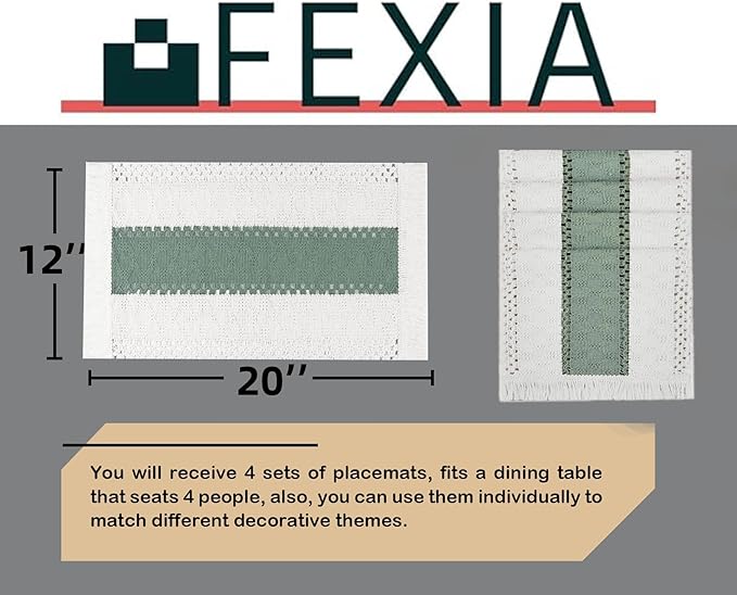 FEXIA Sage Green Boho Placemats Set of 4, Macrame Table Decor and Farmhouse Style Placemats Natural Cotton Burlap, for Dining Table